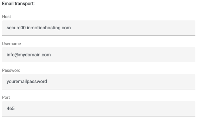 SMTP host and port settings for InMotion with SSL