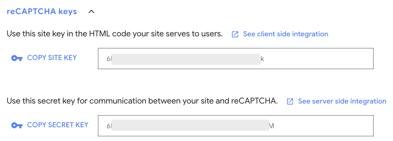 recaptcha keys