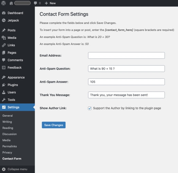WordPress contact form setup.